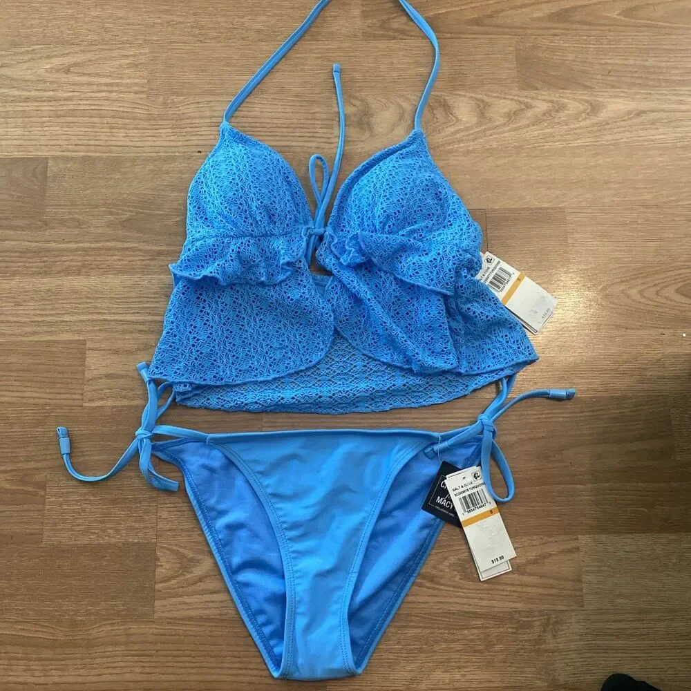 Salt + Cove Juniors' Crochet Ruffle-Trim Midkini & Hipster Bikini Set Size Small